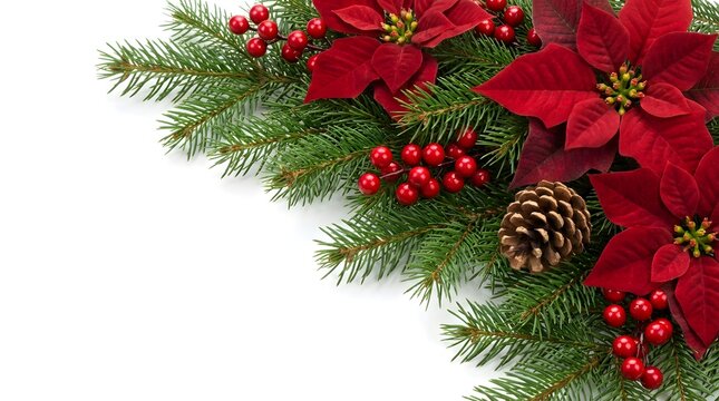 Christmas corner arrangement with red poinsettia flowers, pine branches, pinecones, and berries isolated on white background