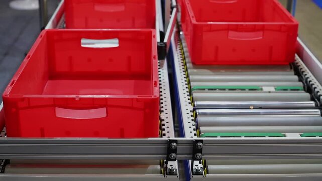 Modern automated storage and order-picking system at  distribution warehouse, plastic containers move automatically along  roller conveyor.