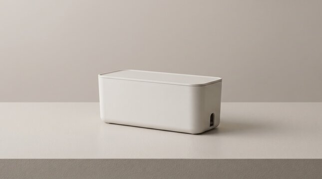 Minimalist white cable management box and organizer container on clean neutral surface for modern tidy interior
