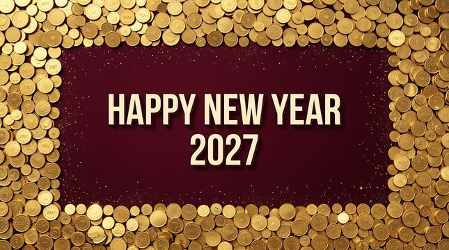 Happy new year 2027 text centered on a dark maroon background, framed by a, border of scattered, shiny gold coins