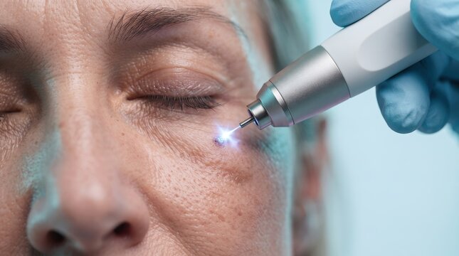 Dermatologist removing dark spot near woman eye with medical laser pen device