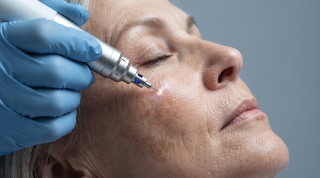 Close up of senior woman getting precise laser treatment for age spots and wrinkles