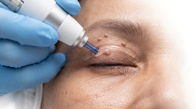 Dermatologist removing syringoma and skin tags on female eyelid with plasma pen device