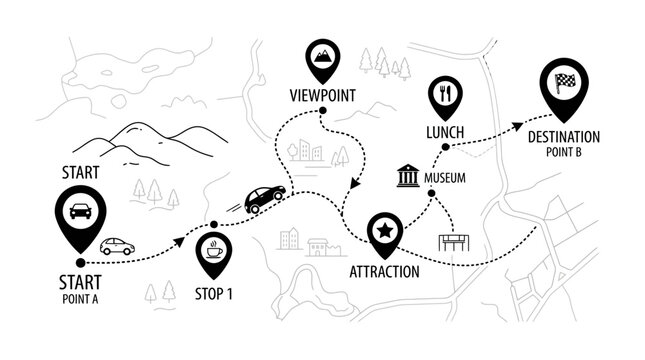 Detailed black and white map illustrating a road trip journey with multiple stops and points of interest from start to destination.