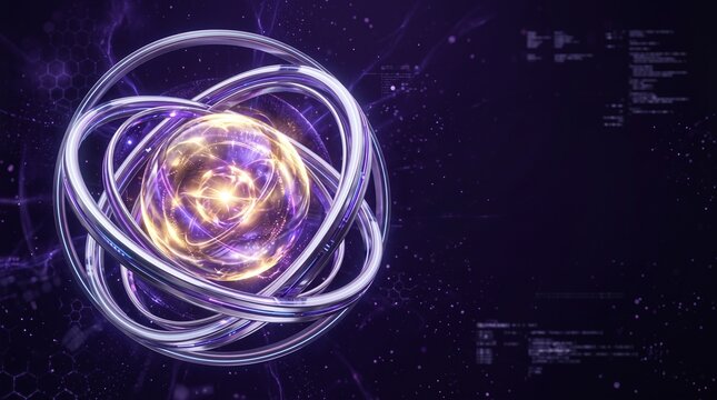 Glowing quantum qubit sphere with orbital rings on dark digital