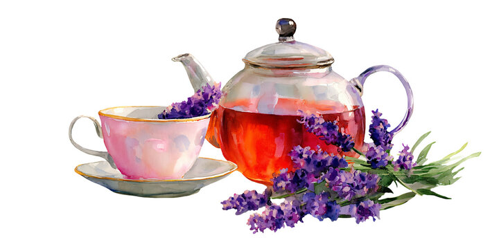 Watercolor illustration of a teapot and teacup with lavender flowers, showcasing a vibrant tea infusion and delicate porcelain design on a white background