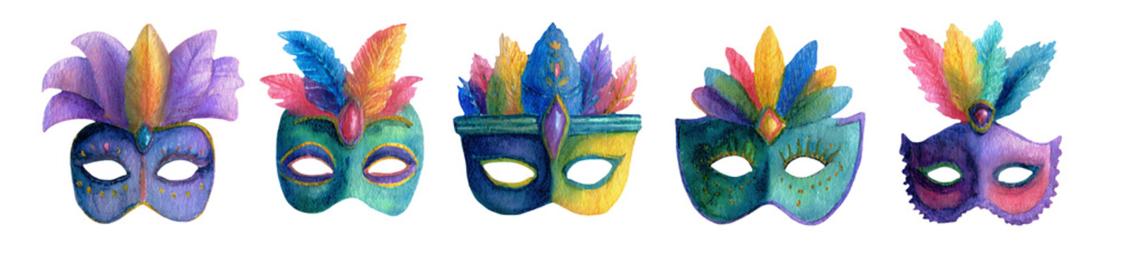 Watercolor illustration clipart cutout PNG featuring five colorful mardi gras masquerade masks with feathers, showcasing intricate designs and vibrant hues suitable for festive occasions