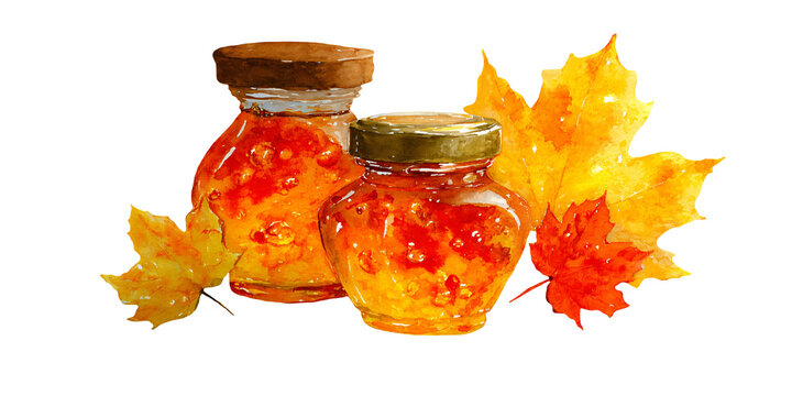 Watercolor illustration of two jars of honey with golden liquid, surrounded by vibrant autumn maple leaves on a white background