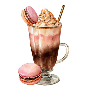 Watercolor illustration of a milkshake in a glass with whipped cream, a golden straw, and a pink macaron on a white background