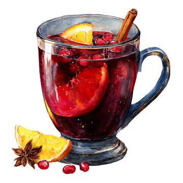 Watercolor illustration clipart of a glass mug filled with spiced fruit beverage, garnished with orange slices, cranberries, and a cinnamon stick on a white background