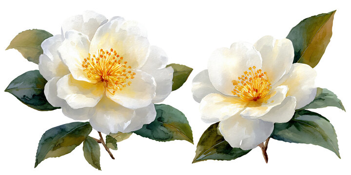 Watercolor illustration of two white camellia flowers with yellow centers and green leaves, isolated on a transparent background for design and decoration purposes
