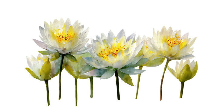 Watercolor illustration of five white lotus flowers with yellow centers, showcasing various stages of bloom against a transparent background for versatile design use