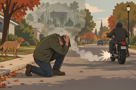 Man kneeling in distress on a suburban street triggered by motorcycle backfire. Veteran flashback and post traumatic stress disorder concept