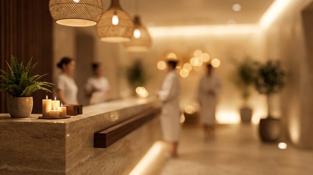 Relaxed guests in spa robes checking in at modern wellness reception