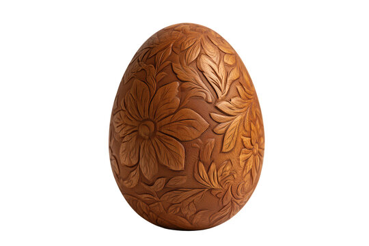 Realistic hand-carved wooden Easter egg with intricate floral design for seasonal decoration