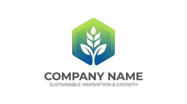 Modern hexagon logo design featuring a green wheat stalk and water drop symbol for sustainable agriculture business