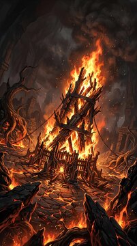 Intense Forest Fire with Burning Trees and Flames.