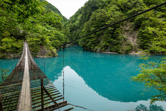 静岡県川根本町の寸又峡にある「夢の吊り橋」からエメラルドグリーンの湖面を見下ろす風景
