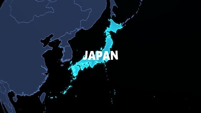 4K loop animation of a futuristic holographic 3D digital globe rotating and zooming into an elevated glowing Japan map with neon borders and 3D country text. Ideal for geopolitics, tech broadcast, Eas