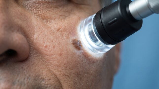 Close-up of dermatologist using dermatoscope to examine brown skin mole on patient cheek