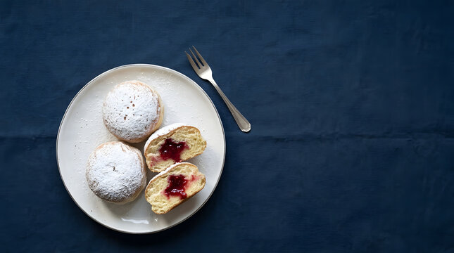 Jam doughnuts whole and halved on a powder blue paper background
