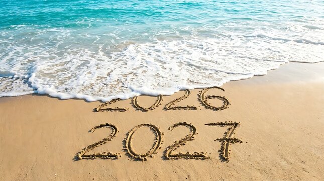 The numbers 2026 and 2027 written in the wet sand on a beach, with ocean waves washing over the year 2026 and leaving 2027 intact