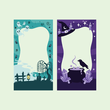 Halloween vertical banner set with spooky graveyard and witch cauldron, mystical holiday frames for social media stories, flat vector illustration Frame