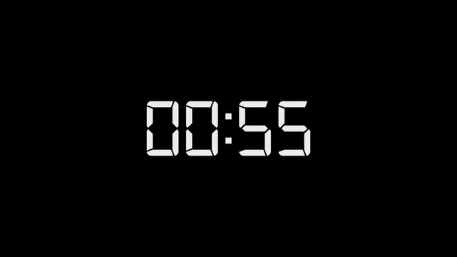 1 Minute countdown animation on black background. 1 minute digital timer on stopwatch on Alpha channel