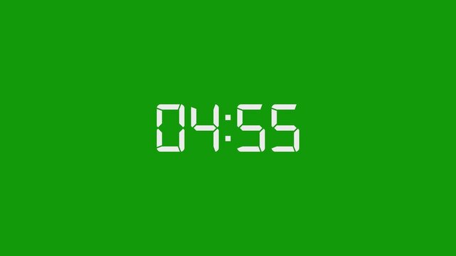 5 Minute countdown animation on green background. 5 minute digital timer on stopwatch on green background.
