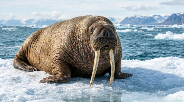 Walrus resting on an arctic ice floe in the ocean