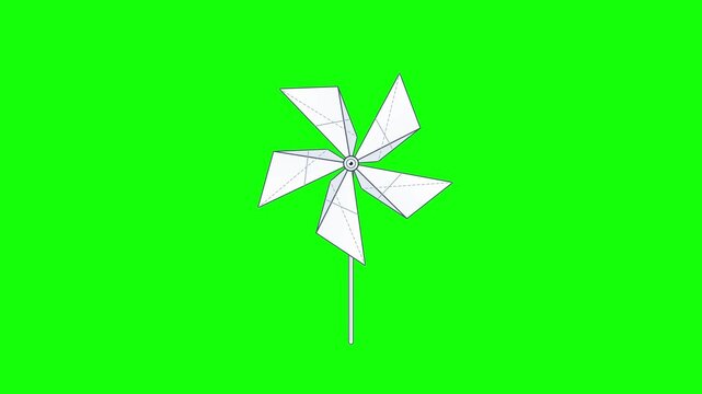 Multiple white paper pinwheels spinning on green screen background