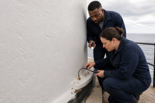 Lighthouse Maintenance - Two Specialists Checking Coastal Beacon Base Plate