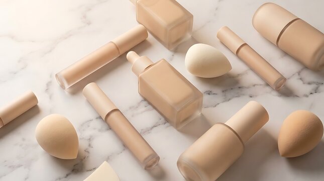 A high-angle flat lay of various unbranded liquid foundation bottles, concealers, and makeup blending sponges in natural beige tones elegantly arranged on a luxurious white marble surface