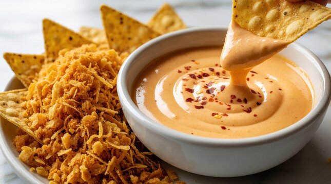 Mexican cream cheese sauce in white ceramic bowl with red chili flakes. Person dips crispy tortilla chip into warm melted queso. Savory snack served with crunchy tortilla crumbs, corn chips on plate