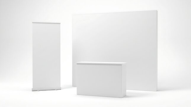 Blank White Trade Show Booth Mockup with Backdrop Panel, Reception Counter Desk, and Roll-up Banner Stand for Exhibition, Corporate Event Presentation, Branding Display, and Marketing Promotion