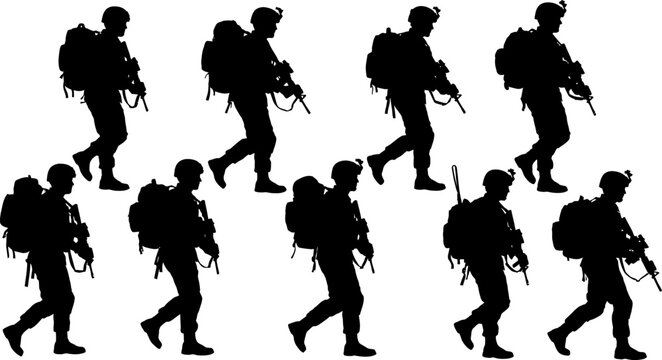 Black silhouettes of soldiers walking in a line carrying heavy military backpacks and rifles on white background