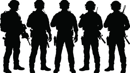 Fototapeta premium Black silhouette of a squad of military soldiers standing in a row isolated on white background
