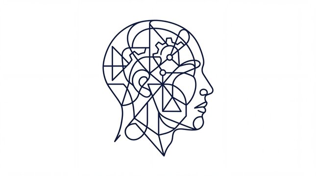Abstract continuous line art of human head profile with brain gears and geometric thoughts isolate .