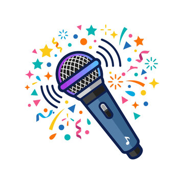 Colorful Vector Illustration of a Handheld Microphone with Festive Confetti and Sparkles