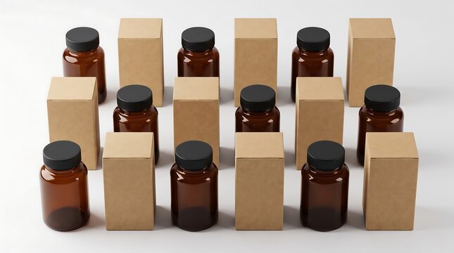 Rows of empty amber glass supplement bottles with black screw caps and plain brown kraft cardboard boxes arranged in a grid on white background, pharmaceutical packaging mockup for branding.