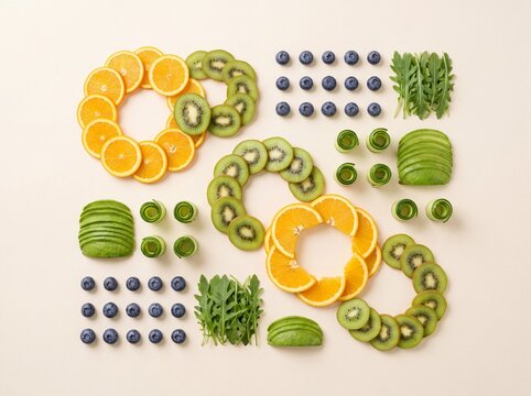 Creative geometric flat lay of neatly arranged fresh fruits, berries, and vegetables