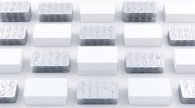 Minimalist pharmaceutical packaging mockup featuring stacks of blank white medicine boxes and empty transparent blister packs for capsules or pills arranged in a neat grid on a white surface.