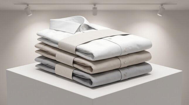 A stack of three neatly folded classic men's dress shirts in neutral white, beige, and grey colors displayed on a clean white pedestal with studio spotlighting for retail fashion showcase.