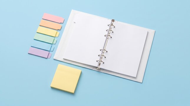 Open white ring binder with blank pages, colorful index sticky tabs, and yellow memo pad on a light blue background, top view, workspace organization, education, and planning concept mockup