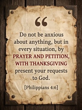 Aged parchment poster displaying bible verse philippians 4:6 for