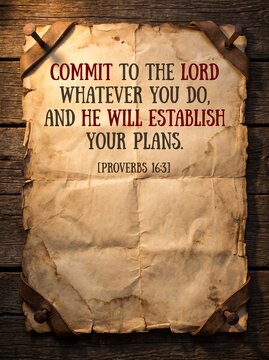 Vintage parchment-style Bible verse Proverbs 16:3 for religious