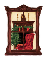 Fototapeta premium PNG Vintage Christmas window illustration with tree, stockings, candles