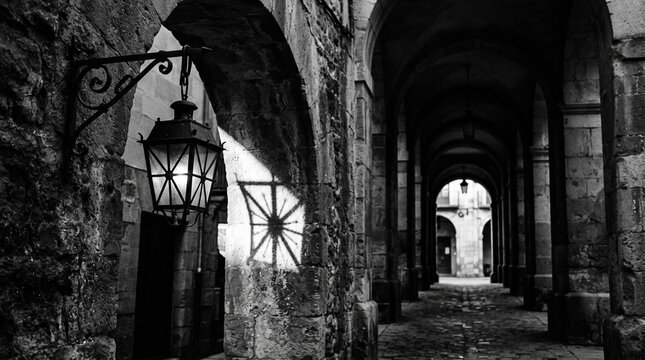 Wrought-Iron Lantern Hanging From Stone Arch Scattering Starburst Shadow