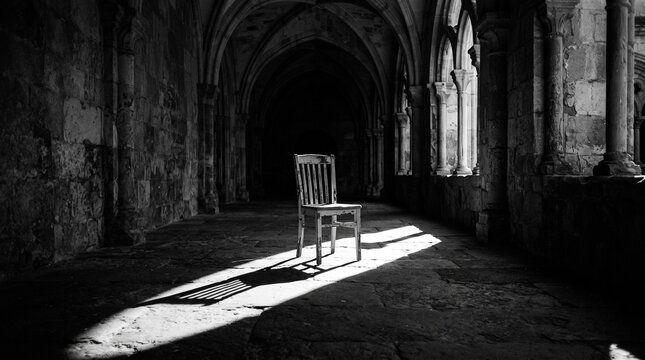 Abandoned Wooden Chair in Pool of Light Down Dark Stone Corridor