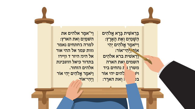 Vector illustration of reading the Torah scroll with a pointer during a Jewish religious service or Bar Mitzvah celebration